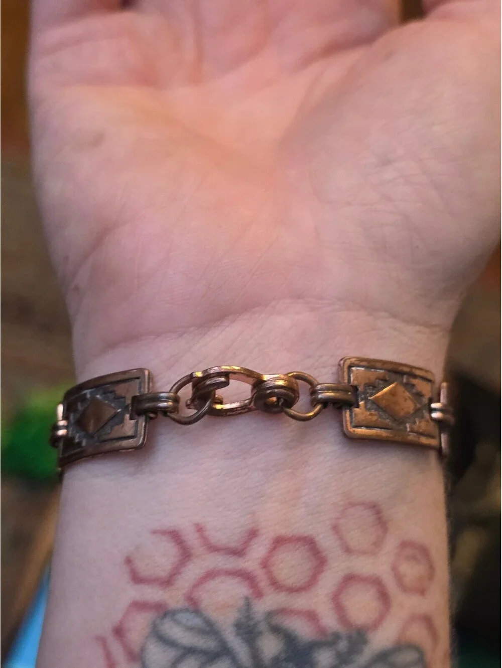 Vintage Copper Southwestern Geometric Diamond Panel Link Bracelet 7